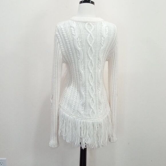 Tory Burch Ivory Valero Fringe Hem Cable Knit Merino Blend Sweater - S/P - Picture 9 of 13